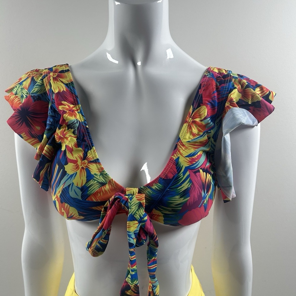 Bikini Set Womens Small Multicolor Floral Ruffle Top High Waist Yellow Bottom - Picture 15 of 16